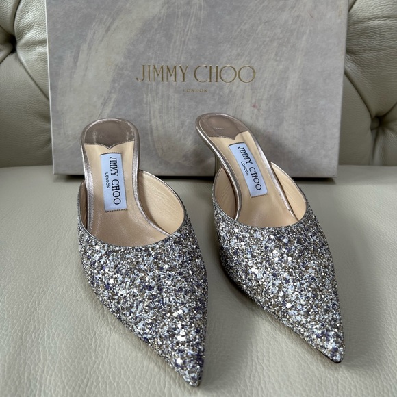 New in Box Jimmy Choo Silver Glitter Leather Sandals Heels Platinum 38 - Picture 2 of 6